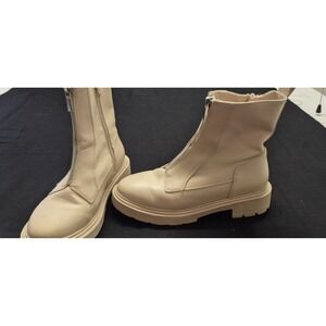 Zara women Ecru white ankle zip-up boots back pull-on tab front zip detail sz 36